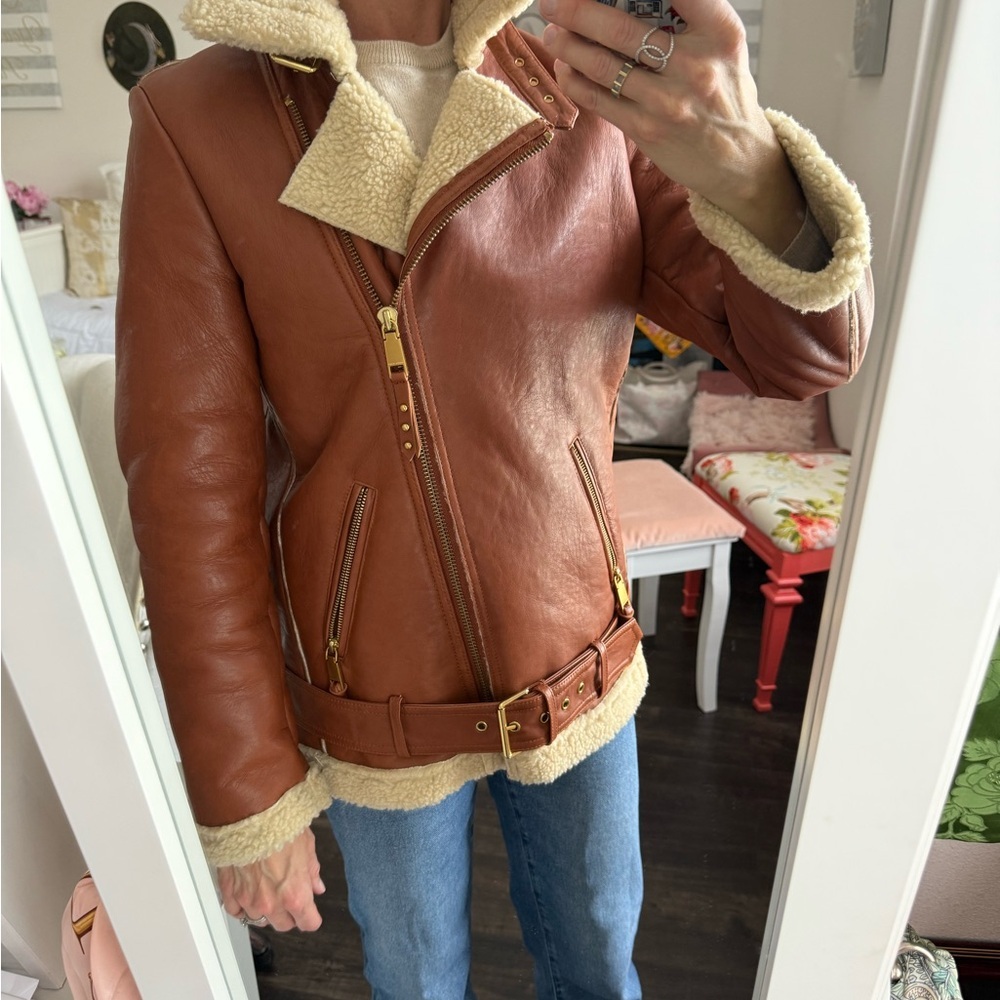 Rebecca Minkoff Sienna Tan Leather Moto Jacket with Cream Shearling - Picture 4 of 9